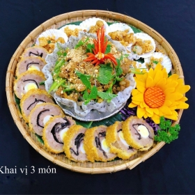 Khai vị 3 món: Ốc bươu nhồi thịt + chả giò + gỏi