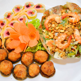 Khai vị 3 món: Ốc bươu + tôm chiên + chả cá thác lác